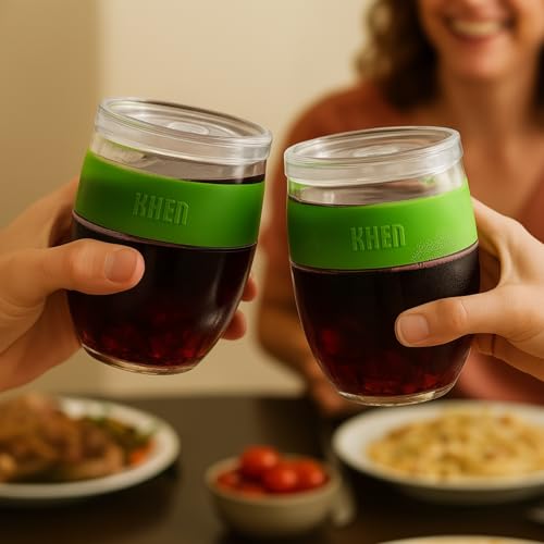 Image of Freezable Wine Tumbler Set with Lids & Green Grip - 2 Set - 13 oz Tumblers Insulated Cooling Gel Glasses - Reusable Double Wall Stemless Cups for Keeping Drinks Cold, Outdoor Entertaining & Gifts