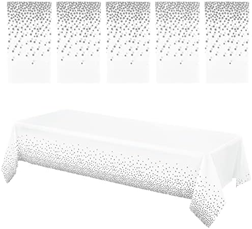 5 Pack Dot Plastic Tablecloths 54" x 108" White and Silver Tablecloth for Rectangle Tables, Plastic Disposable Dot Confetti Party Table Covers for Birthday Party Anniversary Wedding Outdoor