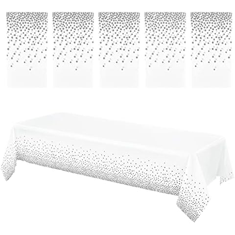 Teruntrue 5er-Pack Party Dot Tischdecke Silber Einweg-Tischdecke 137 x 274 cm Silber Dot Konfetti Rechteckige Kunststoff-Tischdecken Cover