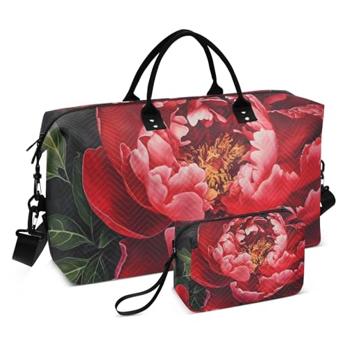 Large Travel Duffel Bag, Penoy Red Green Leaf Sports Tote Gym Bag, Shoulder Weekender Overnight Bag for Women Men, Carry On Luggage with Toiletry Bags