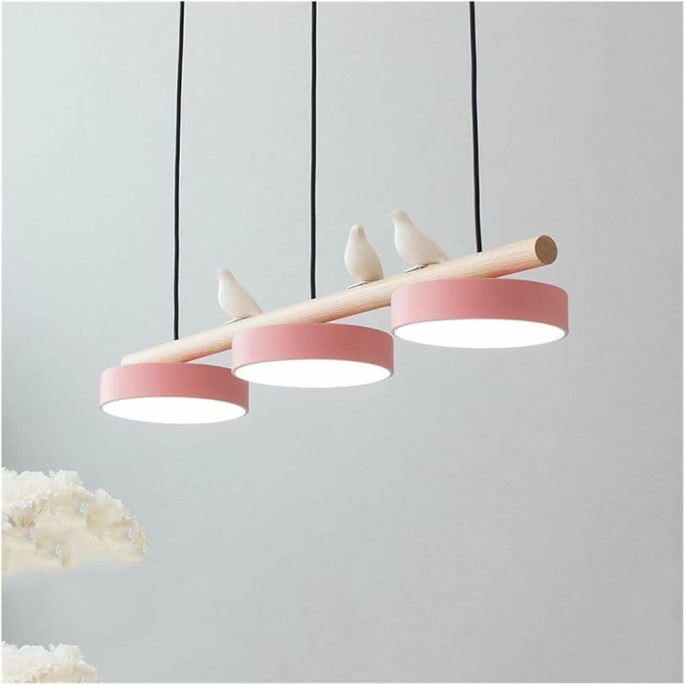 Suspension moderne LED linéaire lustre longue bande bois rose décor oiseau papillon