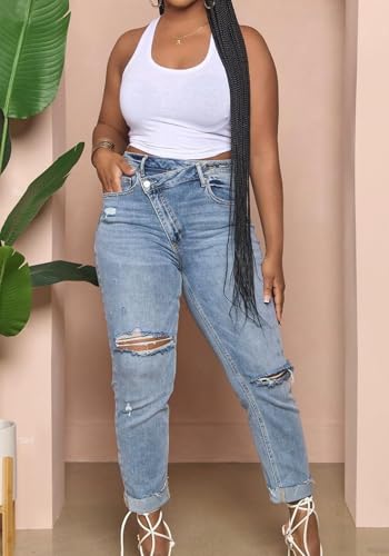 Vaceky Women Cuffed Ripped Jeans Y2K Distressed Ripped Skinny Stretchy Denim Pant2