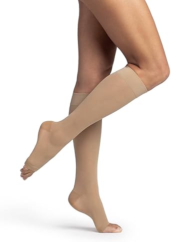 SIGVARIS Womens DYNAVEN Sheer Calf Open-Toe Compression Socks, 20-30mmHg, ML - Medium Long, Beige