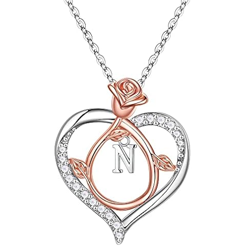 Vrsilver Rose Heart Necklaces for Women - Heart Necklace for Teen Girl Gifts for Girlfriend Initial Necklaces for Women Girls Jewelry Initial N Necklaces for Girls Gifts for Girlfriend Gifts for Her Cover