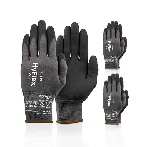 Ansell HyFlex 11-840 Ergonomic Nitrile Coated Gloves - Large (3 Pairs) for Automotive and Fabrication