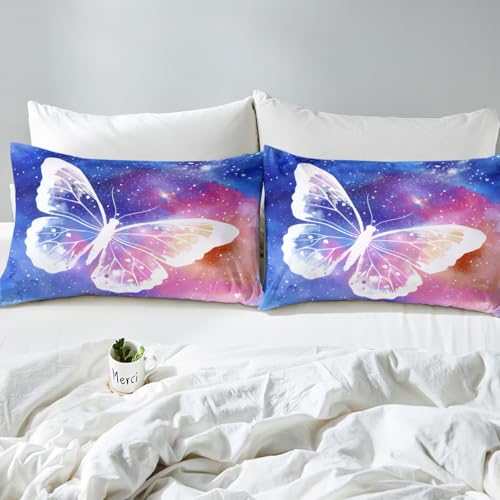Image of White Butterfly Bed Sheet Set Kids Watercolor Galaxy Sheets Set 4pc Butterfly Wings Microfiber Soft Bedding Set,1 Flat Sheet,1 Deep Pocket Fitted Sheet,2 Pillow Cases(Queen Size)