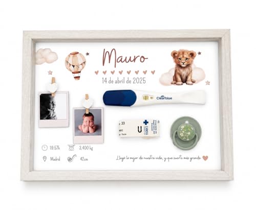 RJ All with love LÁMINAS PERSONALIZADAS Cuadro Nacimiento Bebé Personalizado con Marco – Guardarecuerdos Bebé – Lámina Leoncito Acuarela – Regalo Recién Nacido