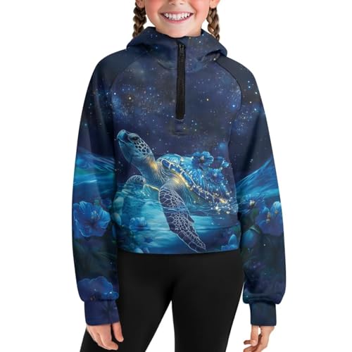Pointodoor Underwater Sea Turtle Girls Fleece Hoodies Size 5-14 Causal Half Zip Sweatshirts with Pocket for Kids Long Sleeve Fashion Clothes Oversized Sport Athletic Hoodie Cropped Pullover