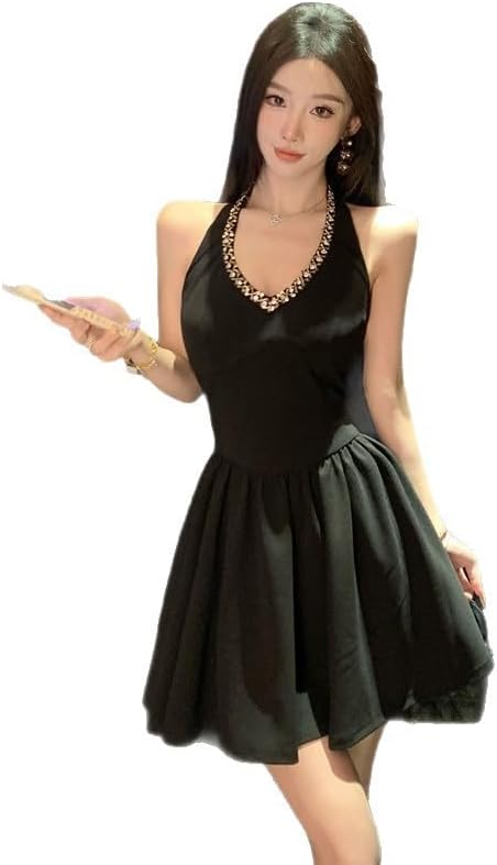 Women's Evening Square Neck Halter Split Light Luxury Heavy Drilling Backless Midi Dresses Formal Prom Dressess Hip Sexy Pleated Dinner Cocktail Annual Seaside Picnic Birthday Date Party Graduation