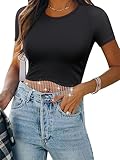 Nlife Womens Nashville Sparkly Glitter Fringe Short Sleeve Cropped Top Raceback Ribbed Crop Tank Tops with Rhinestone Tassel