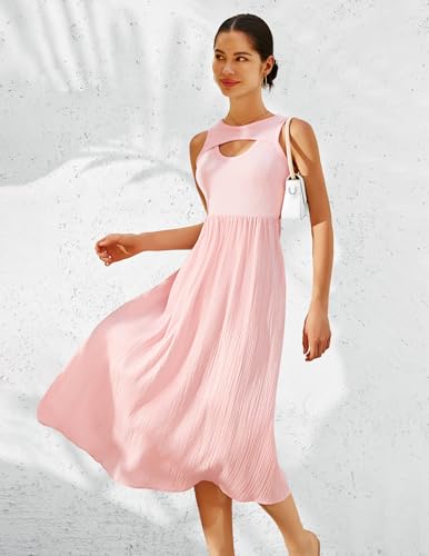 Image of BeryLove Casual Midi Tank Dress Summer Ribbed Knit Pleated Dresses with Pockets