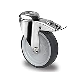 Raddurchmesser 125 mm Apparaterolle aus Edelstahl 125 mm mit Bremse Gummi grau spurlos Rückenloch V2A INOX Transportrolle Edelstahlrolle Feststeller Totalfeststeller