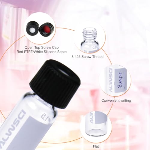 ALWSCI 2ml HPLC-Fläschchen Glasfläschchen, Labor-Klarsicht-Autosampler Vials, 8-425 Klarsicht-Fläschchen, Schwarz Schraubkappe mit Loch, rotes PTFE&Weißes Silikon Septa, 100 Stück