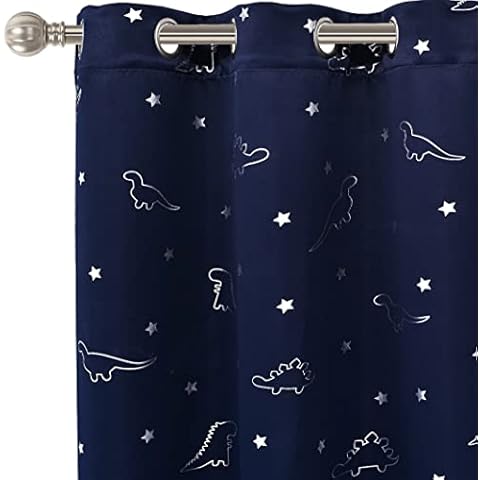 LORDTEX Dinosaur and Star Foil Print Blackout Curtains for Kids Room - Thermal Insulated Curtains Noise Reducing Window Drapes for Boys and Girls Bedroom, 42 x 63 Inch, Navy, Set of 2 Panels Cover
