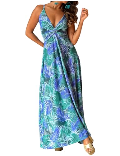 BUOYDM Vestido Mujer Largo Verano Casual Vestido Boho Floral Maxi con Cuello en V de Playa Azul 1 XXL