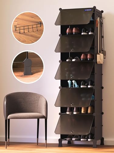 Image of BOXJOY 10 Shelf Shoe Rack with 5 Doors, 5 Hook Steel Holder & Wooden Hammer for Home Storage PP Plastic Organizer with Metal Door Frame to Cover Chappal Slipper Sandals Shoes Box Stand (Black)