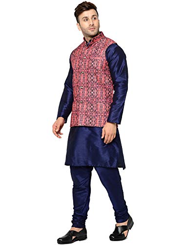 Image of SAIFOO Men's Silk Navy Blue Kurta Pyjama & Printed Nehru Jacket