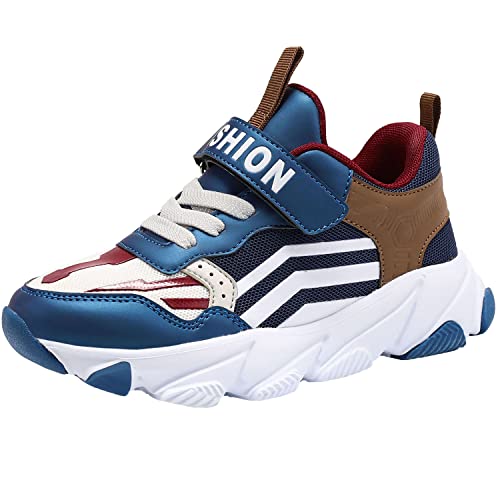 Scarpe Sportive Bambini e Ragazzi Scarpe da Corsa Ginnastica Respirabile Mesh Running Sneakers Fitness Casual(H Blu Marrone,32 EU)