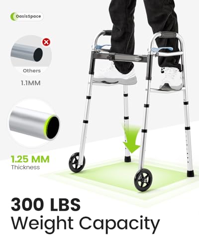 OasisSpace Compact Folding Walkers, Lightweight Walkers for Seniors Adults Elderly, Rolling Front Wheels Walker, Standard Walking Assist Narrow Walker for Small Spaces Up to 300lbs