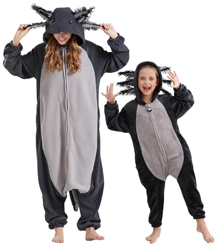 DELEY Unisex Axolotl Onesie Pajamas, Animal One Piece Costume Sleepwear Halloween Cosplay Homewear Grey