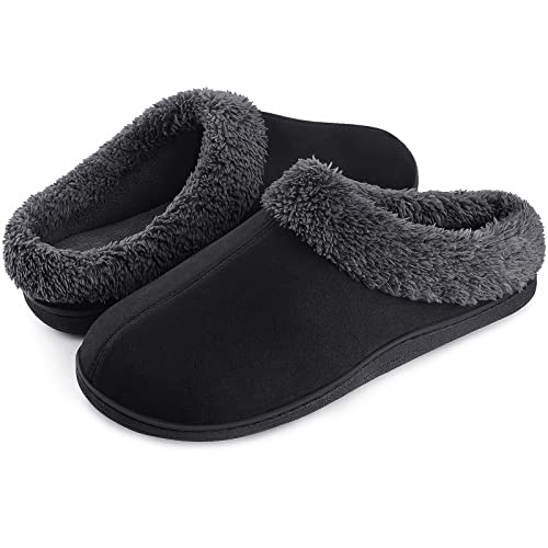 Mens House Slippers Memory Foam Fuzzy Slip on Shoes Indoor Outdoor Bedroom Home Warm Cozy Soft Plush Lining Anti-Slip Rubber Sole
