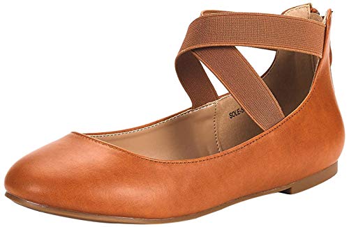 DREAM PAIRS Women's Sole_Stretchy Tan Pu Fashion Elastic Ankle Straps Flats Shoes Size 10 M US