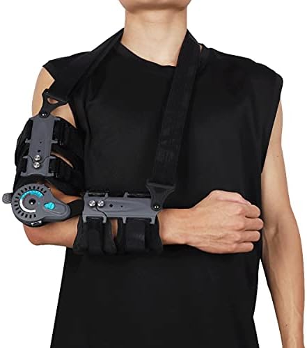 Komzer Hinged Elbow Brace, Adjustable Post OP ROM Elbow Brace with Sling Stabilizer Splint Arm Injury Recovery Support After Surgery (Right)