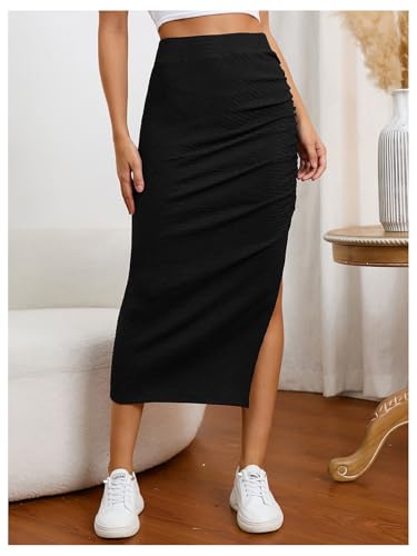 SOLY HUX Women's High Waisted Ruched Split Skirt Bodycon Pencil Going Out Long Skirts4