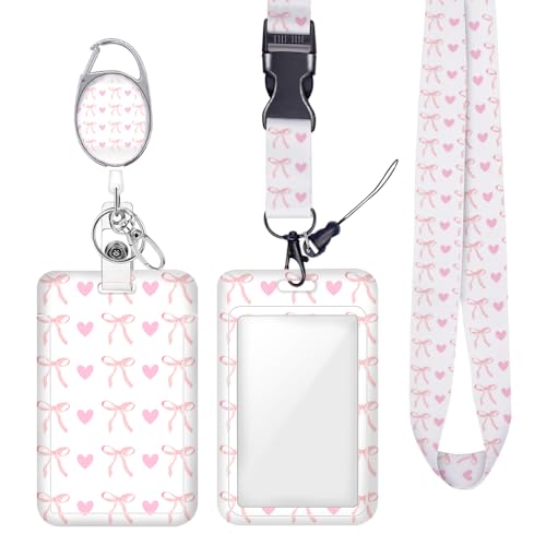 Pink Bow Heart ID Badge Reel with Carabiner and Lanyard