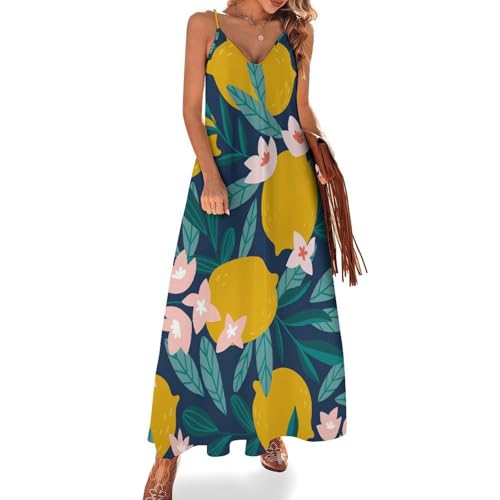 Robe longue citron pour femme ete sans manches : robe maxi de plage idéale