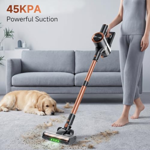 Image of Cordless Stick Vacuum Cleaner - Rechargeable,45Kpa Powerful Suction Vacuum for Home,45Mins Runtime,Detachable Battery,Anti-Tangle, 8 in 1 Lightweight Vacuum for Pet Hair Carpet Hardwood, Gold