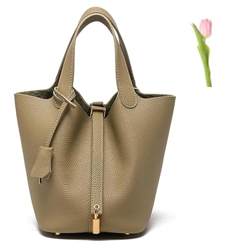 Image of SuGJun Versatile fashionable spring and summer handle bags,Genuine Leather Soft Bucket Bag for Women Fashion Lock Design Handbags Vegetable Basket Satchel (A - Color (Gold Lock),Large)