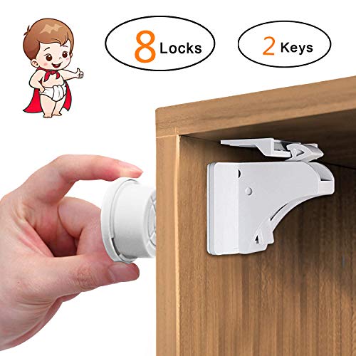 Newlemo Serratura del Cassetti Magnetico di Sicurezza per Bambini (8 Serrature + 2 Chiavi) con lo Staffa di Montaggio Non Necessitano Attrezzi, Con forte Adesivo