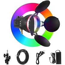 WELLMAKING RGB COB LED Video Light, 50W Bi-Color Bowens Mount Photography Lighting with Barn Door, Fresnel Lens and Swivel Mount with 5 Lighting Effects, Portable Light AC/DC with 3000K6000K CRI 95+