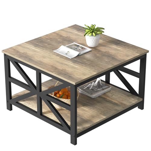 GreenForest Coffee Table with Storage, 27.6 inch Square Coffee Table, Seamless One-Piece Tabletop Design, Small Coffee Tables for Living Room, Farmhouse Sofa Table, Rustic Center Table, Grey Wash