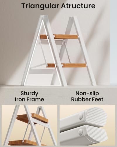 Image of SOLADDER 2 Step Ladder, Lightweight Folding Step Stool, White+Woodgrain