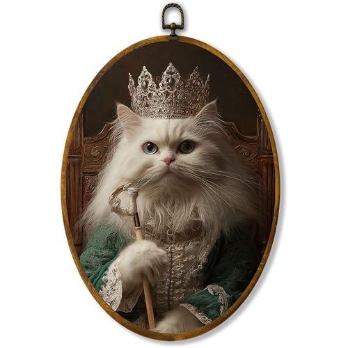 zewepri Queen Cat Oval Wall Art, Royal White Cat Portrait, 8.5x11.5