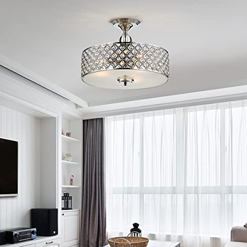Saint Mossi 3-Lights Modern Flush Mount Ceiling Light Fixture, K9 Crystal Ceiling Light, Perfect for Dining Room,Livingroom,Bedroom, H11" x D15.4", Chrome Finish - Thumbnail 7