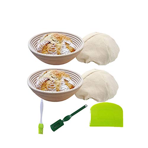 Preisvergleich Produktbild KEBEIXUAN Brot Gärkörbchen 2 Verpackung Brotkorb aus Natürlichem Rattanmit Eineneinsatz+Brotschaber+Silikonbürs... Brotklingenwerkzeug (9IN)