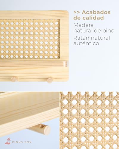 Percheros Pared – Perchero Pared Madera con Estante Recibidor de Pino Natural y Ratán | 4 Ganchos Resistentes | Estilo Cálido y Artesanal | Soporta 12 kg | Incluye Tornillos y Mini Destornillador - imagen 5