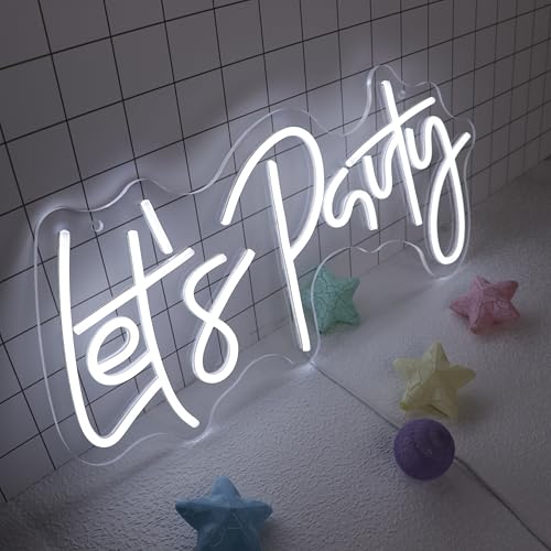 HMT Lets Party Neon Sign LED Wall Light USB Powered 19.68.6 Inch Cool White for Birthday Bachelorette Party Bar Cafe Club Decor