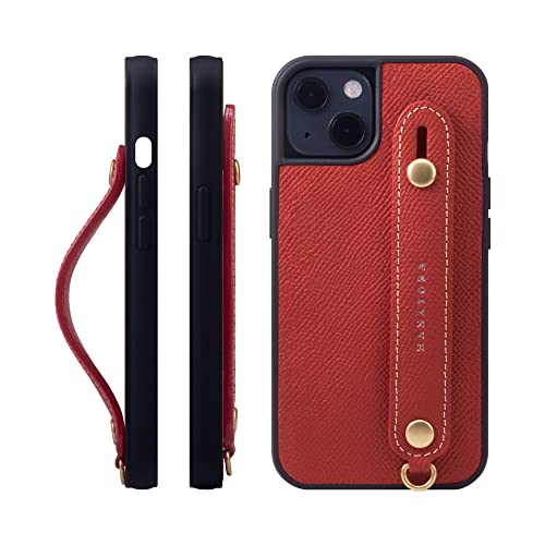 iPhone 13 ケース 本革 グリップケース エンボスレザー ストラップ付属 片手操作 スタンド機能 メンズ レディース レッド NGH-13-Red