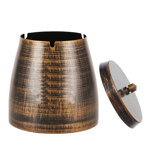 JIMS Outdoor Cigarette Ashtray with Lid, Indoor Stainless Steel Smokeless Ash Tray Windproof Smell Proof Odorless Home Ashtrays for Office Tabletop Garden Balcony Patio ( Retro,Medium), AB-01