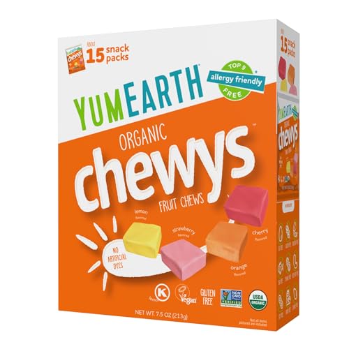 YumEarth Organic Chewys Fruit Flavored Candy Chews - Allergy Friendly, Gluten Free, Non-GMO, Vegan, No Artificial Dyes - Assorted Flavors, 7.5 oz.