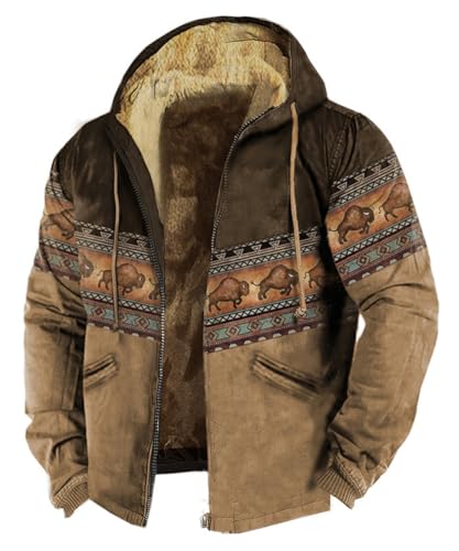 Glkaend Men's Cotton Winter Western Aztec Winte Jacket Fleece Lined Sherpa Zip Up Jackets with Hood Outerwear Coat,By01,XL