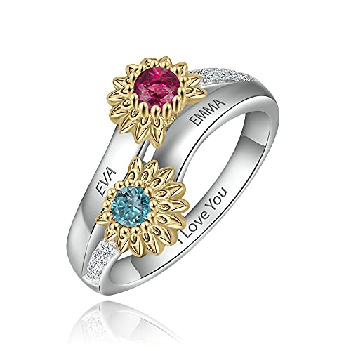 Glamcarat Sunflower Sterling Silver Personalized Ring Mothers Ring With 2 Birthstones Promise Ring For Her Birthstone Jewelry For Women (6) #TOP25