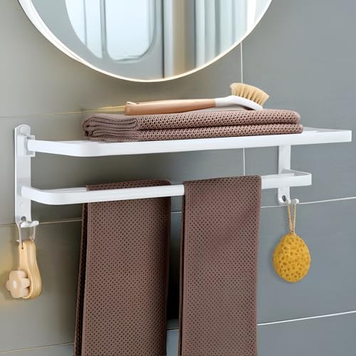 yozhch Porta asciugamani da bagno autoadesivo a doppia barra con ganci Porta asciugamani da parete a 2 livelli (bianco 38cm)