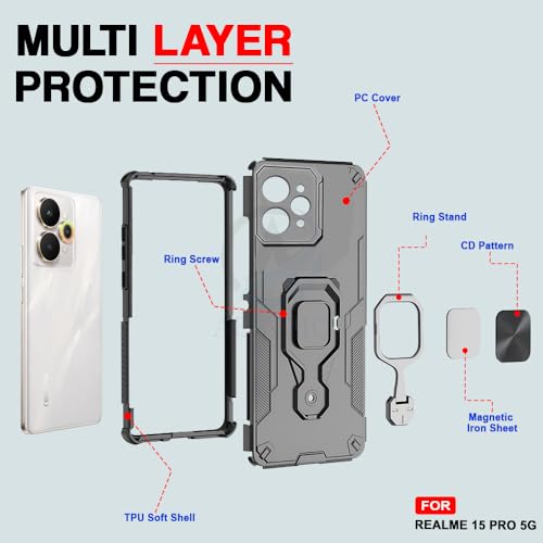 Image of AESTMO Armor Back Cover for Realme 15 Pro 5G | Ring Holder & Kickstand & Camera Protection in-Built | 360 Degree Protection Back Case Cover (Black)