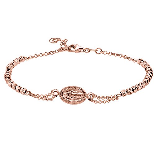 925 Sterling Silver Miraculous Virgin Mary Charm V-Cut Beads Rose-Gold Plated Chain Bracelet Made in Italy