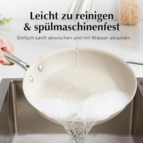 Foto von Redchef Pfannenset Keramik Induktion, Antihaft Bratpfannen 20/24/28 cm für alle Herdarten, PTFE-frei PFAS-frei PFOA-frei, Induktionsgeeignet, Backofenfest, Spülmaschinenfest (Beige)